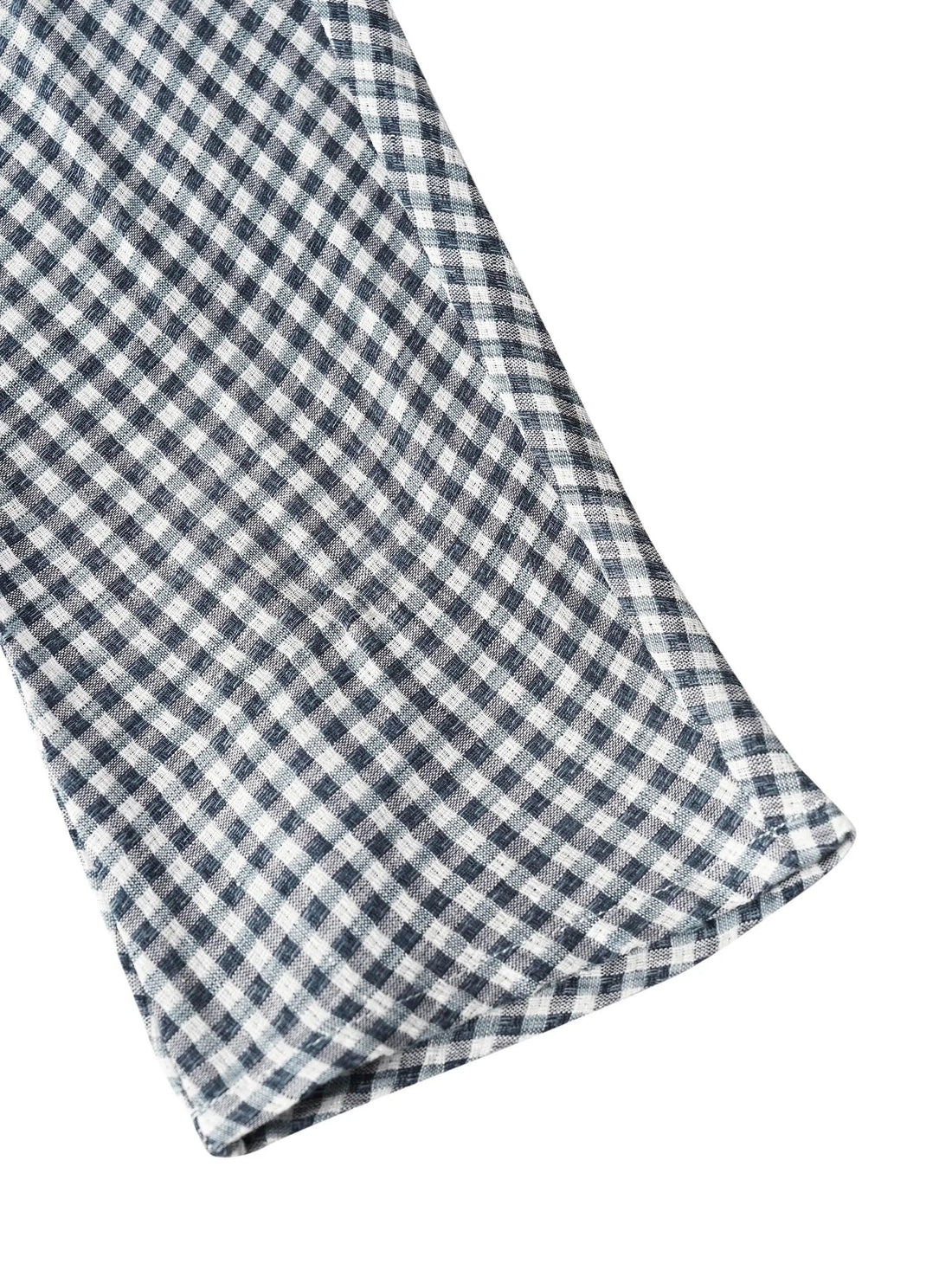 75% Linen Checked Ruched Round Neck Shirt