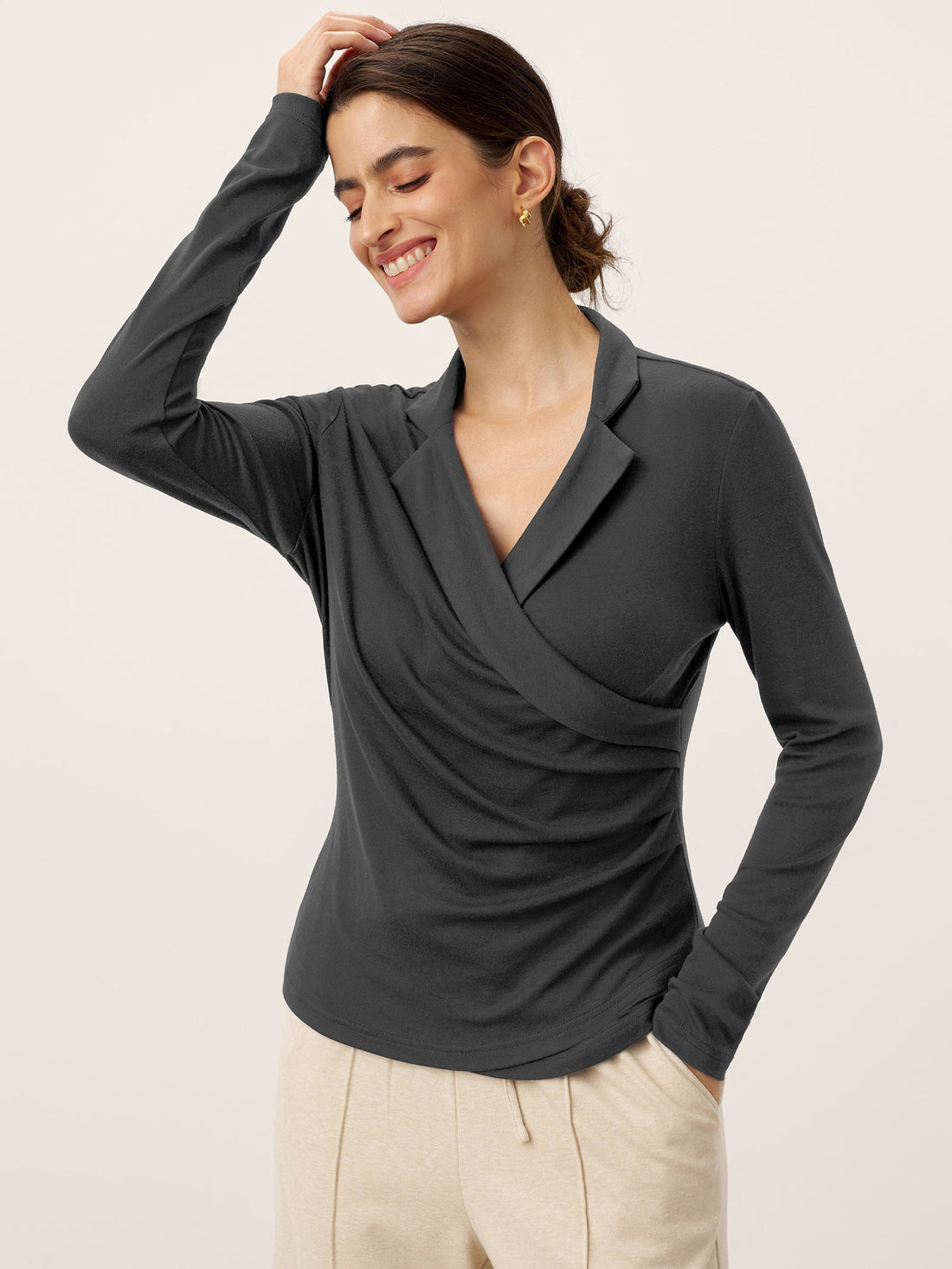 Wool Blend Pleated Stand Collar Jersey Top