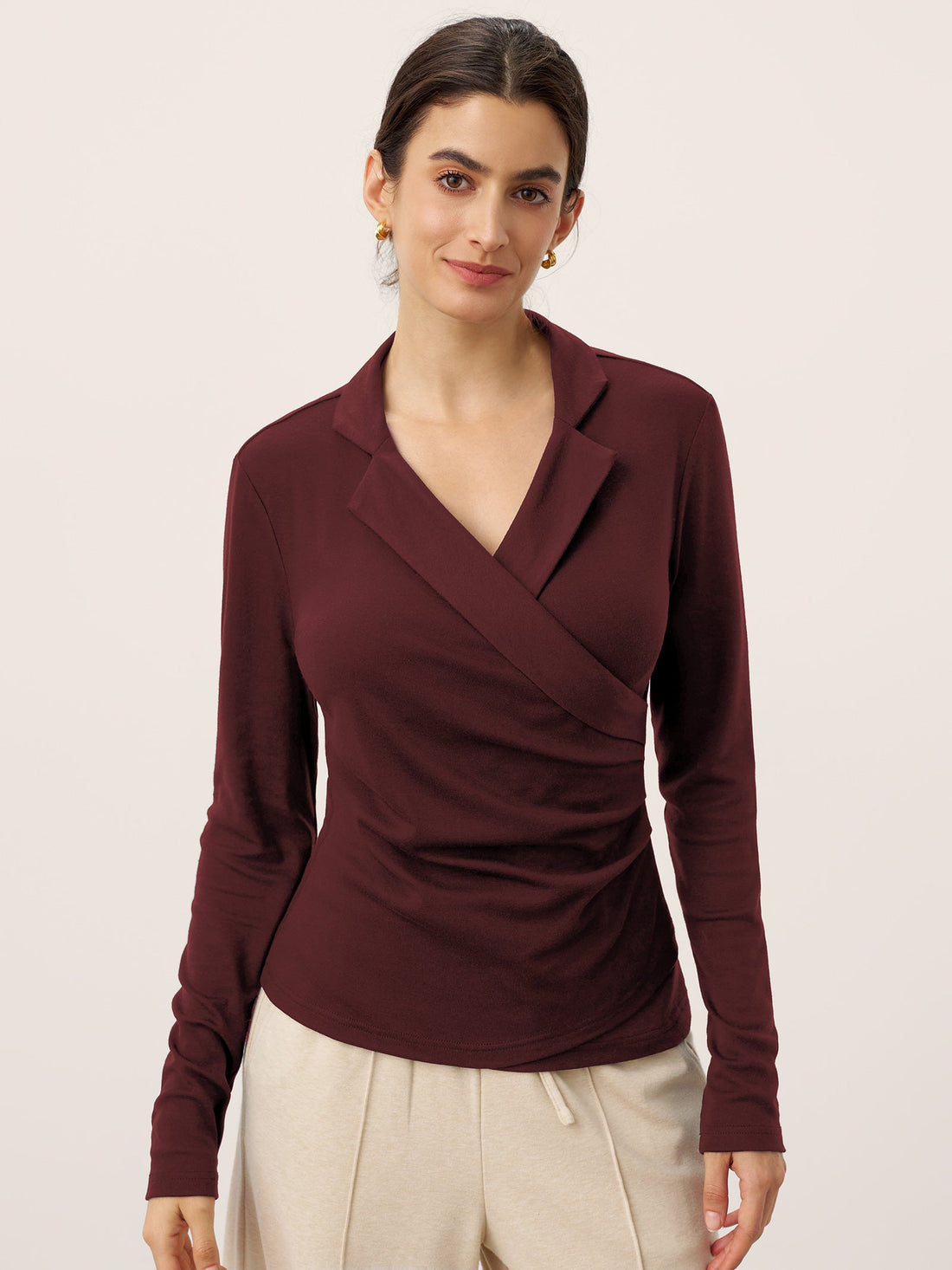 Wool Blend Pleated Stand Collar Jersey Top