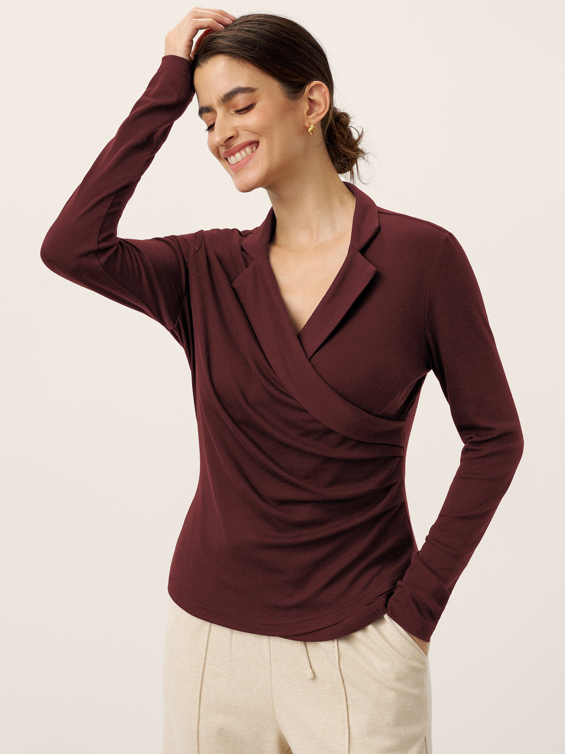 Wool Blend Pleated Stand Collar Jersey Top