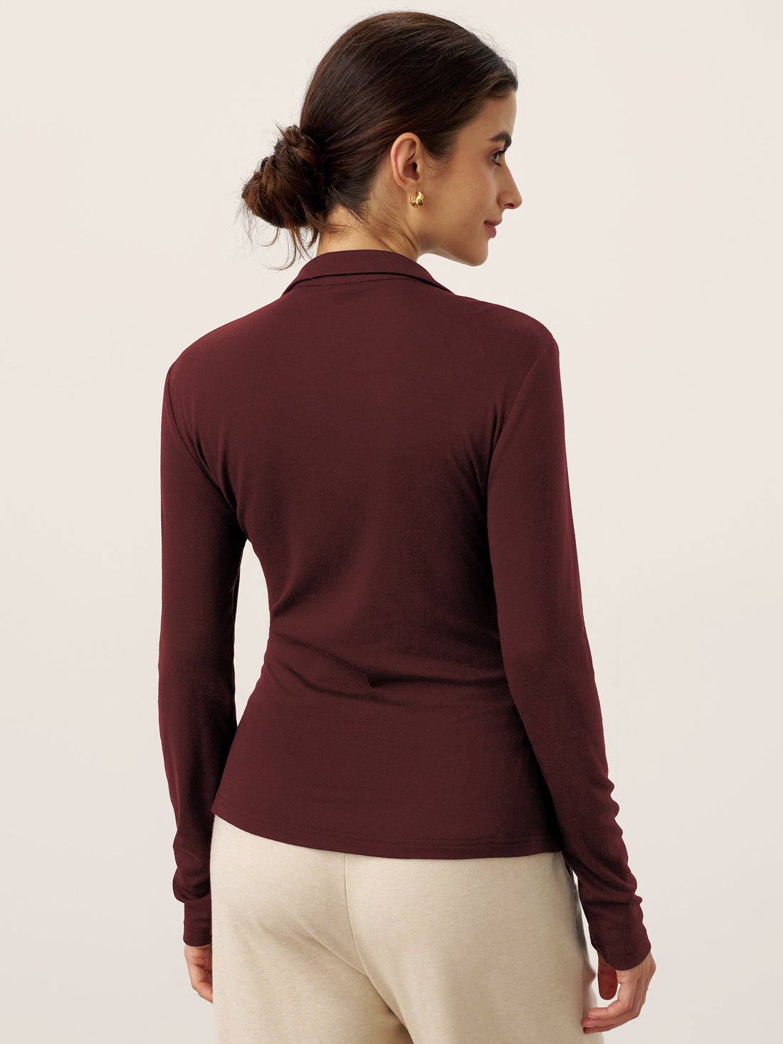 Wool Blend Pleated Stand Collar Jersey Top