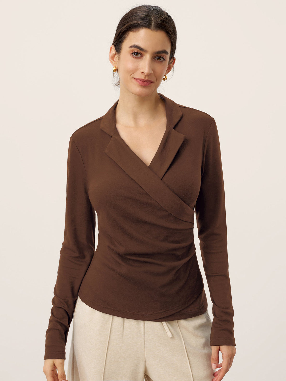 Wool Blend Pleated Stand Collar Jersey Top
