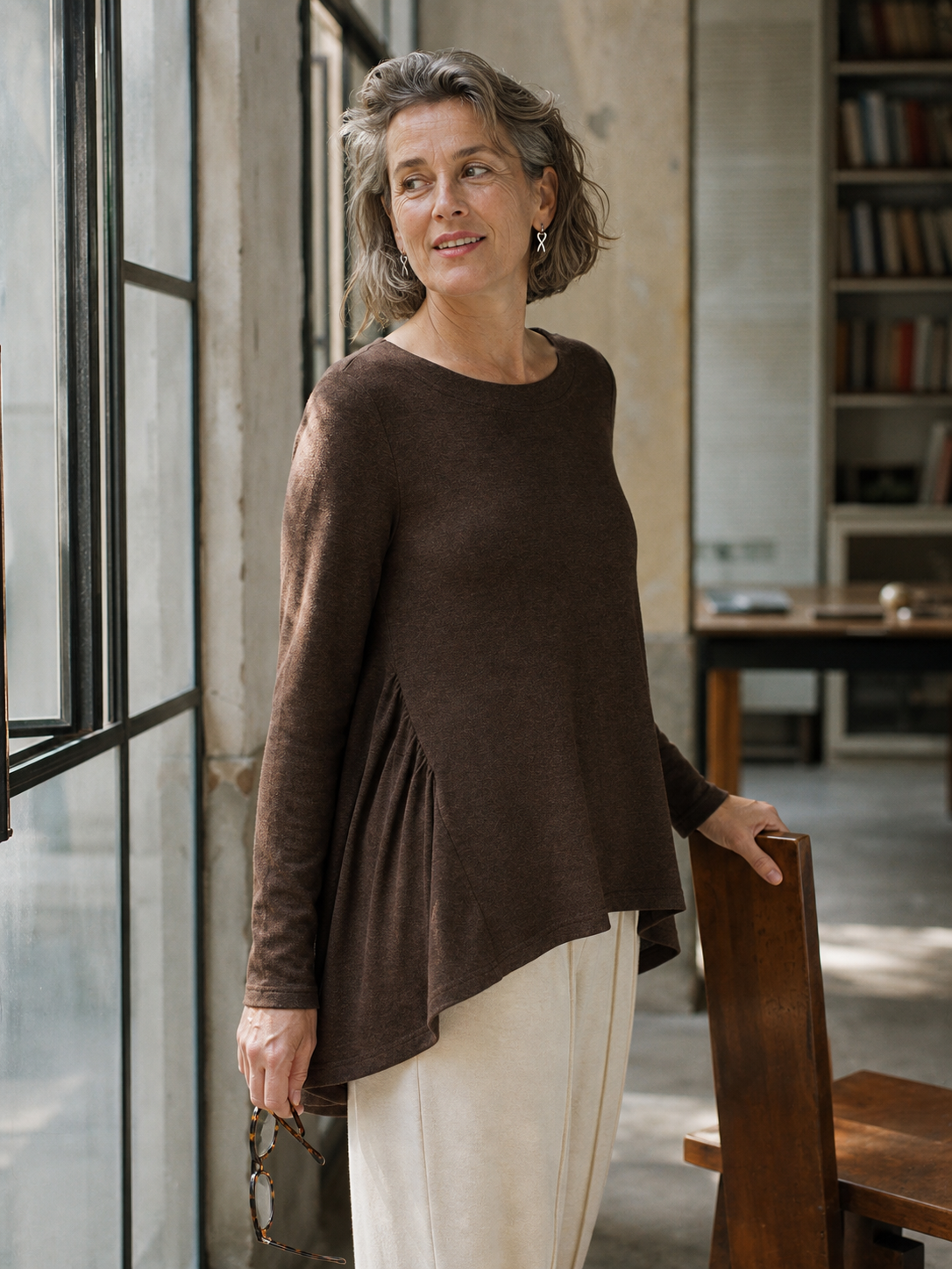 Wool Blend Ruched Boat Neck Top