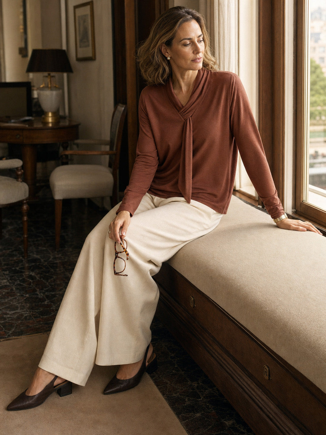 Wool V-Neck Long Sleeve Jersey Top