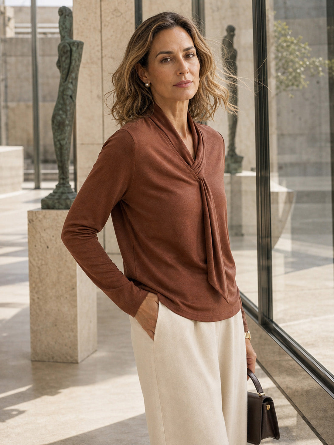 Wool V-Neck Long Sleeve Jersey Top