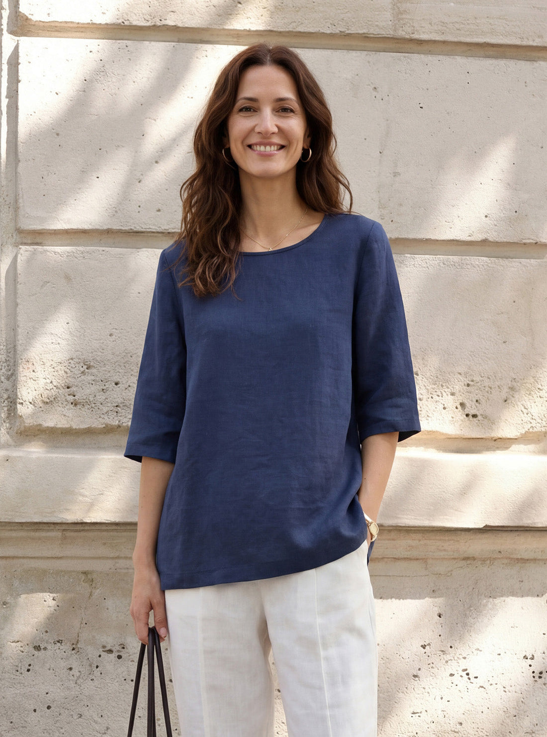 100% Linen Round Neck Button-Back Blouse