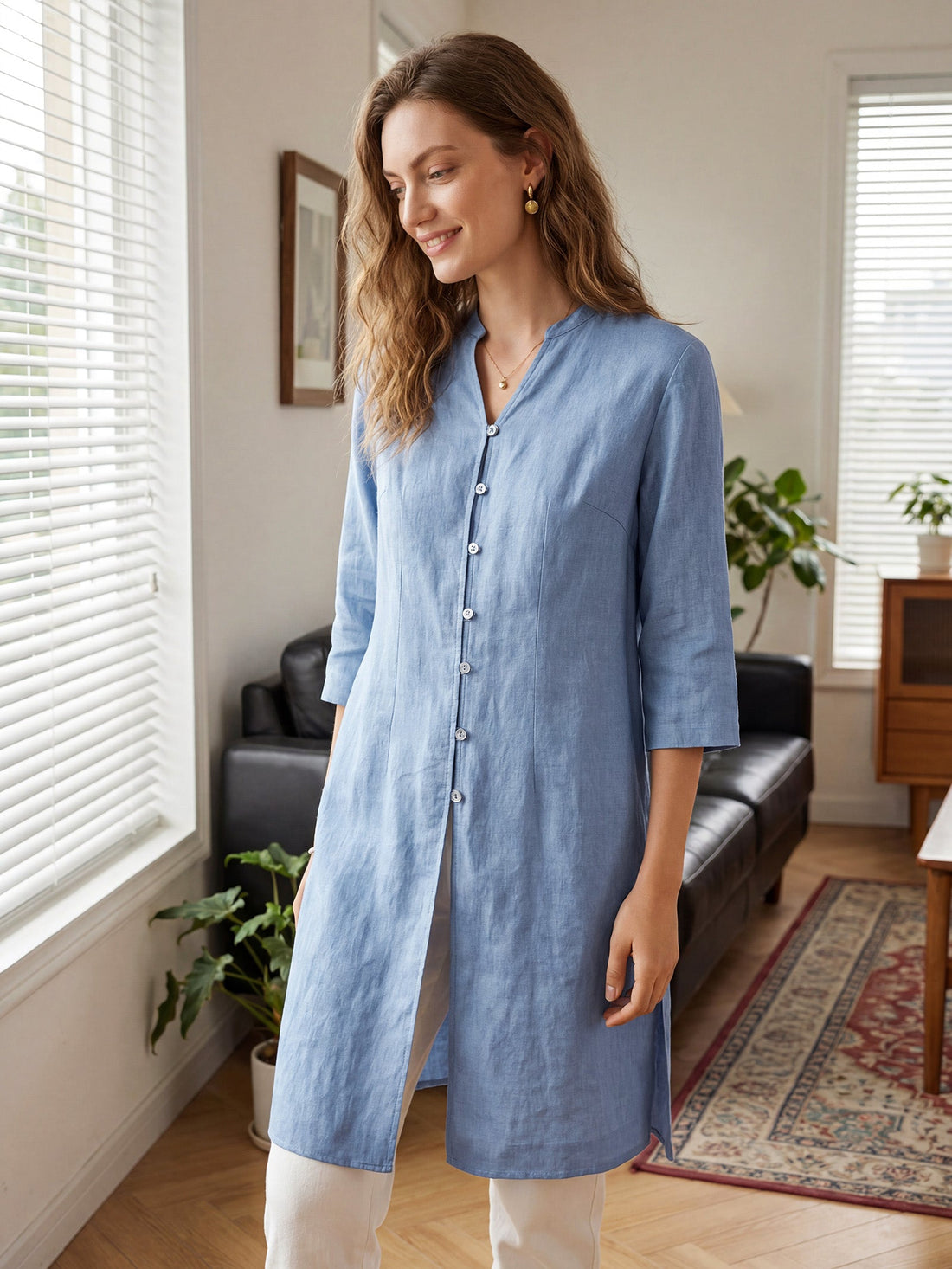Linen Heavyweight V-Neck Stand Collar Shirt