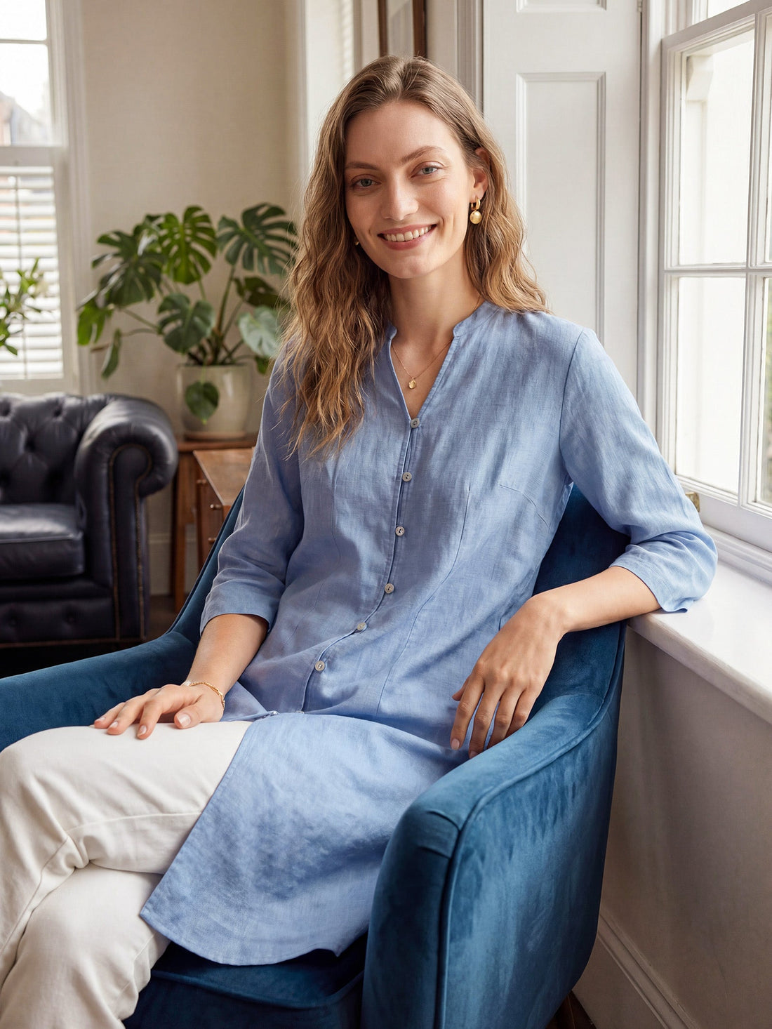 Linen Heavyweight V-Neck Stand Collar Shirt