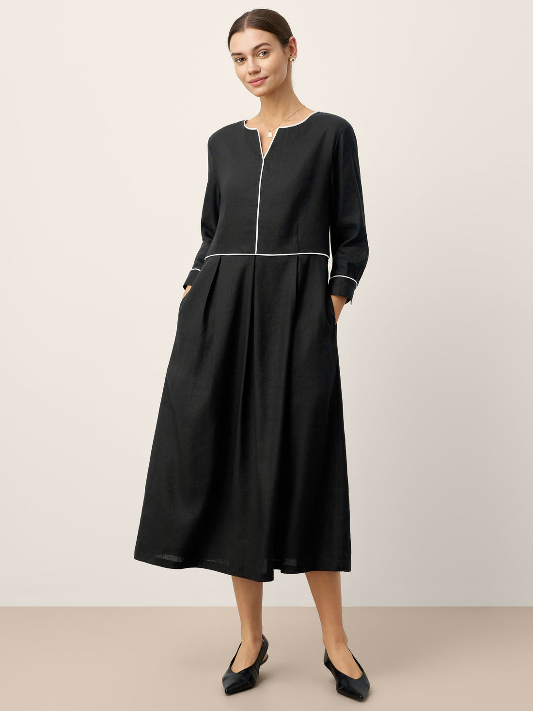 Linen Blend V-Neck Midi Dress with Pockets