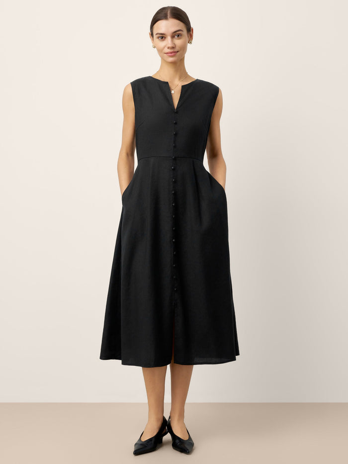 Linen Blend V-Neck Sleeveless Midi Dress