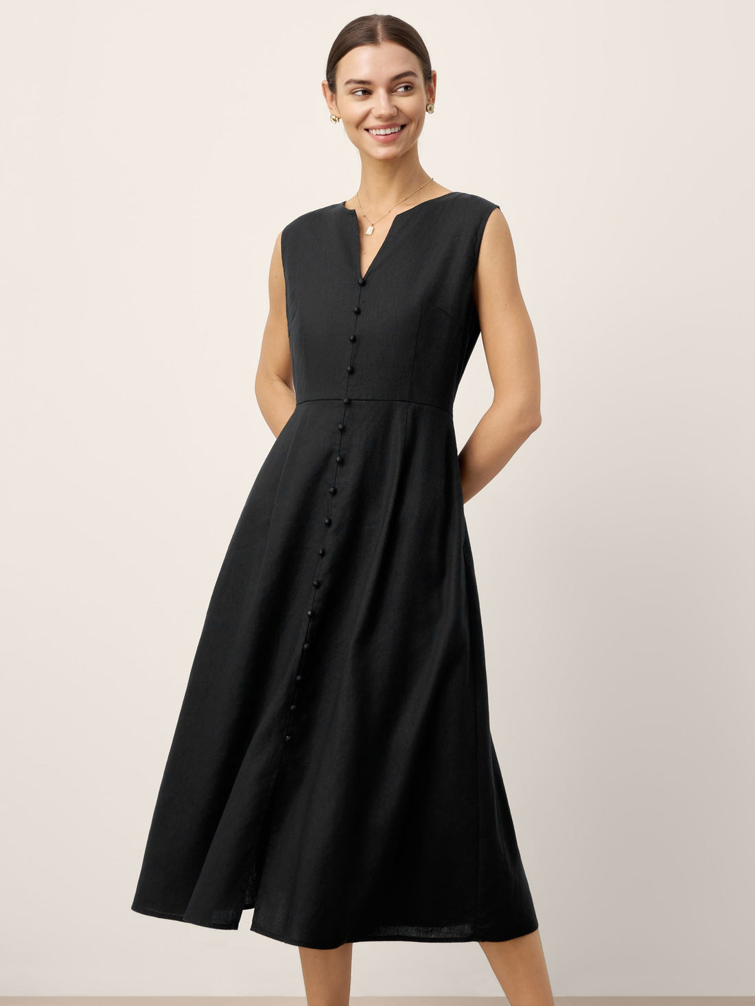 Linen Blend V-Neck Sleeveless Midi Dress