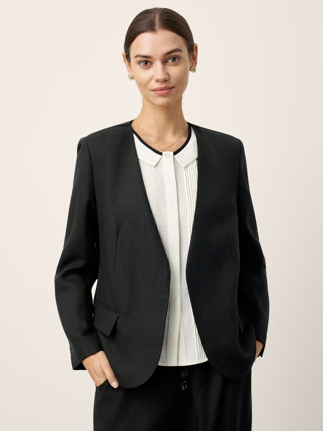 Linen Blend V-Neck Tailored Blazer
