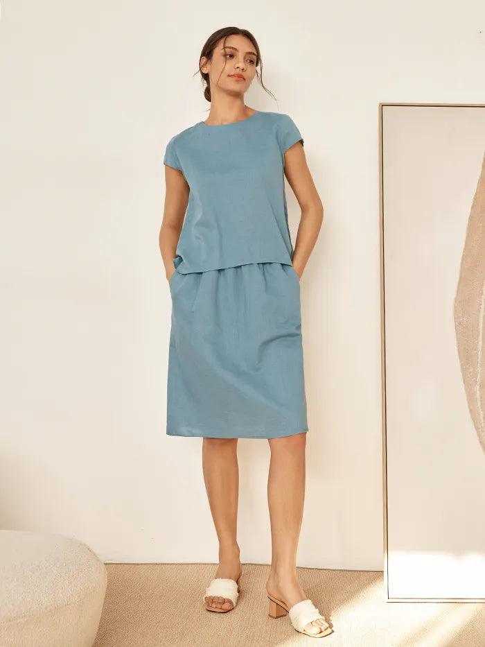 Linen Blend Round Neck Two-Piece Skirt Set