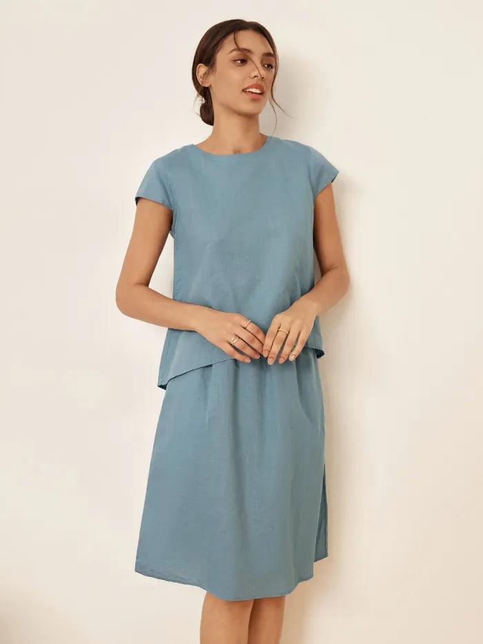 Linen Blend Round Neck Two-Piece Skirt Set