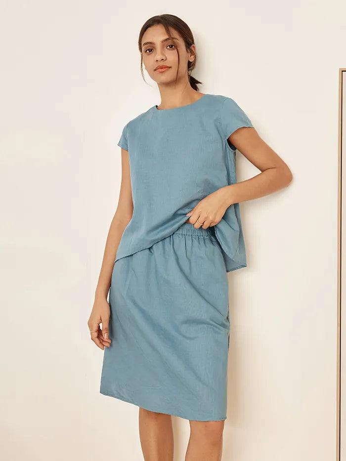 Linen Blend Round Neck Two-Piece Skirt Set