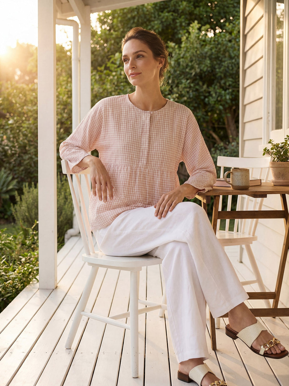 75% Linen Checked Ruched Round Neck Shirt
