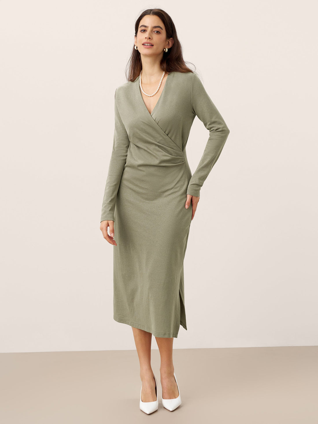 Linen-Blend Wrap V-Neck Midi Dress