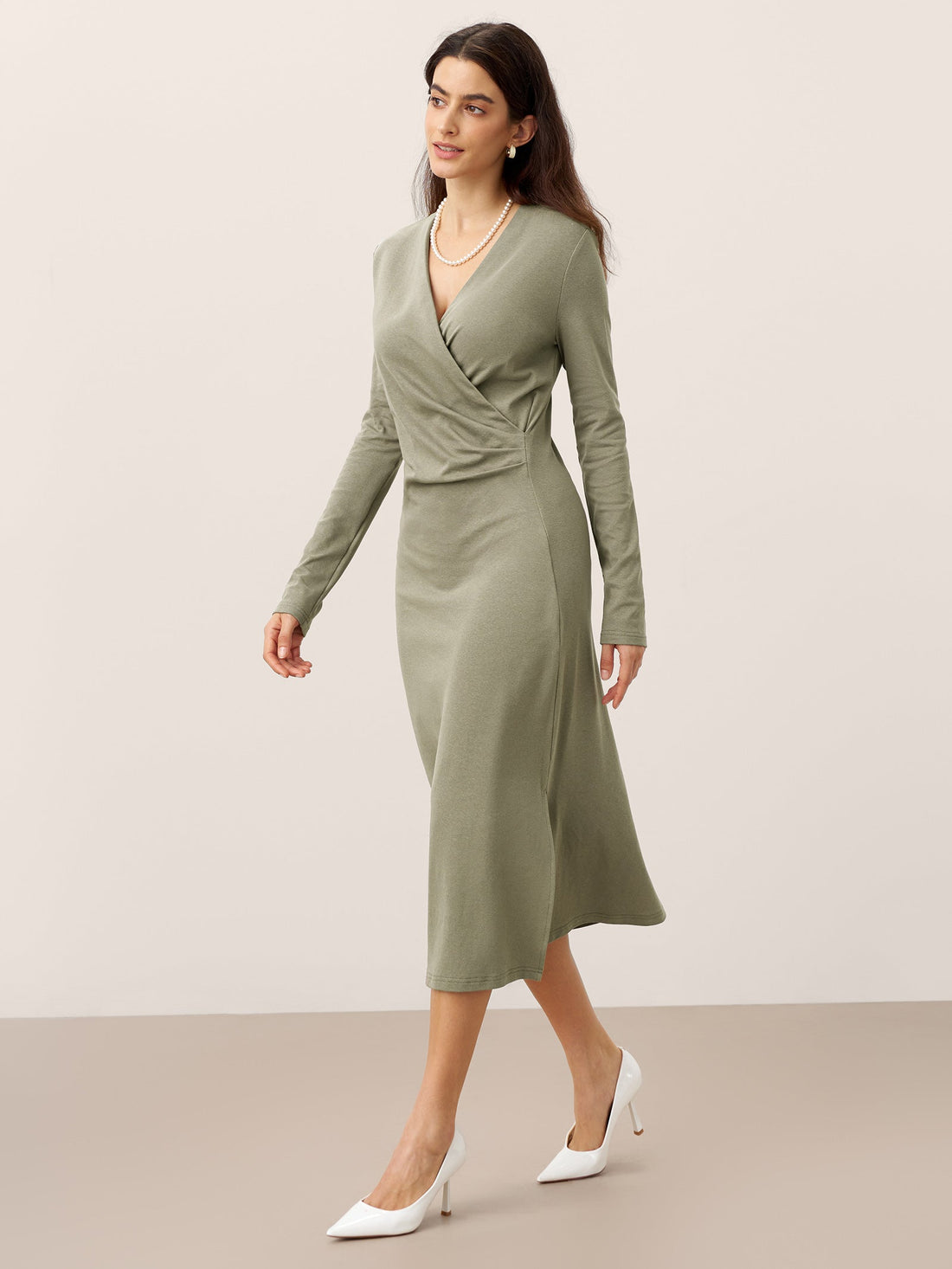 Linen-Blend Wrap V-Neck Midi Dress