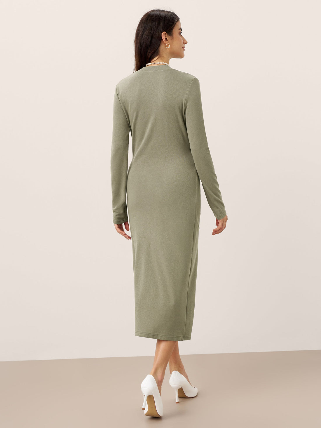 Linen-Blend Wrap V-Neck Midi Dress