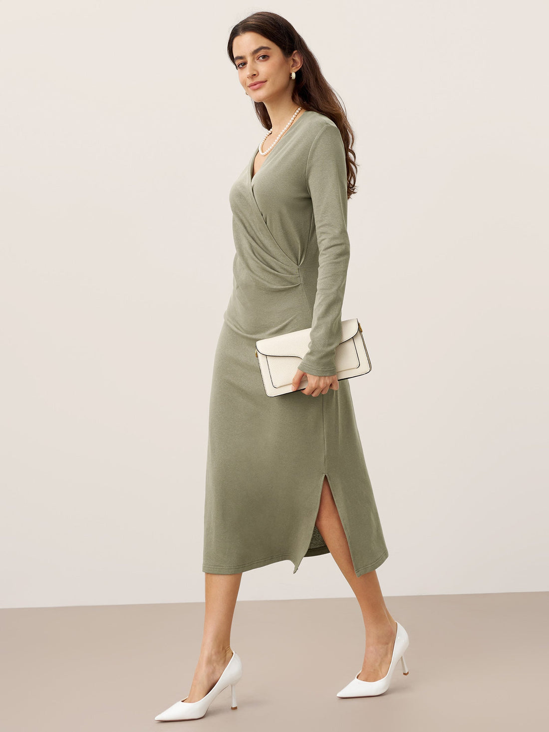 Linen-Blend Wrap V-Neck Midi Dress