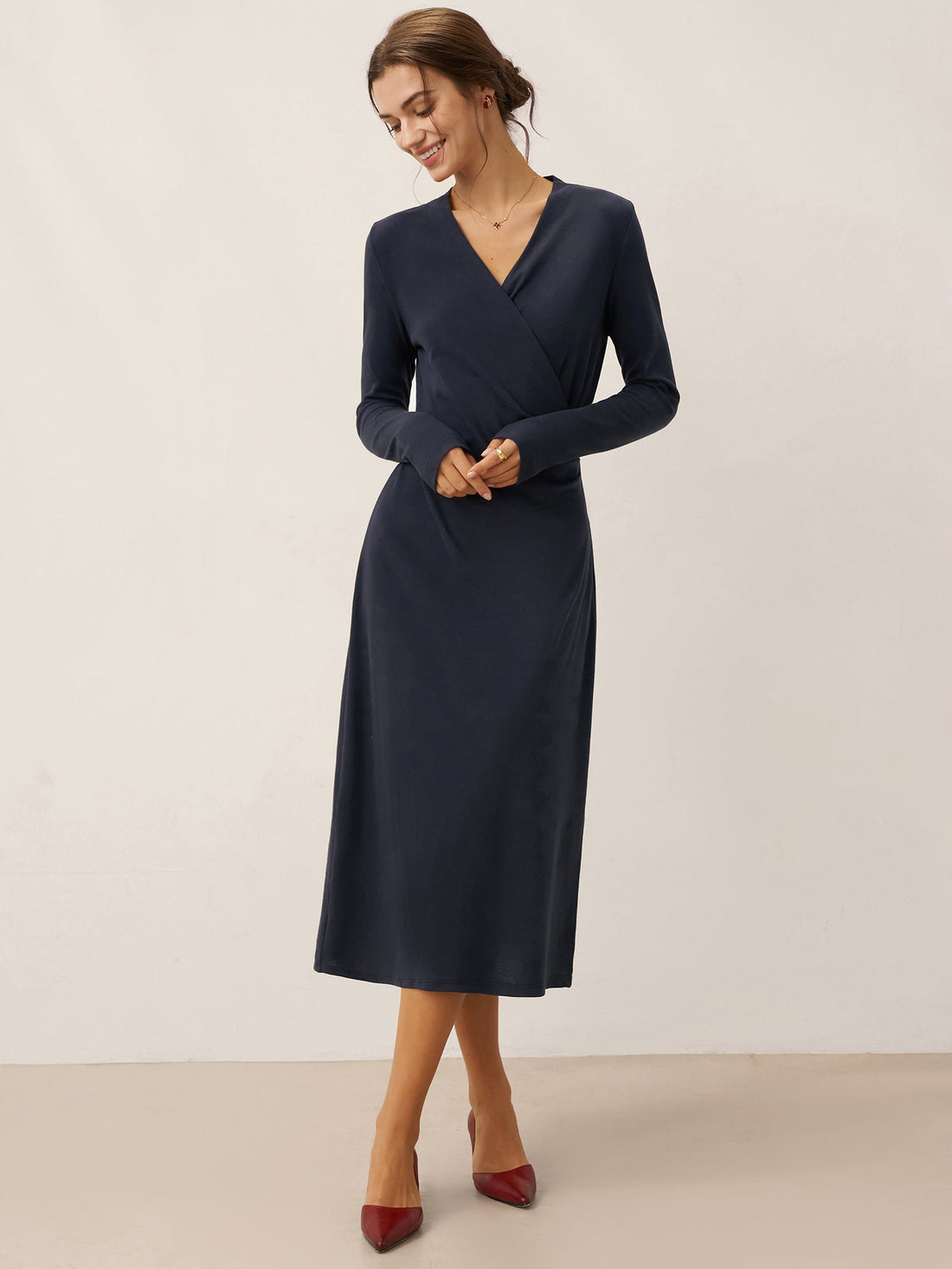 Linen-Blend Wrap V-Neck Midi Dress
