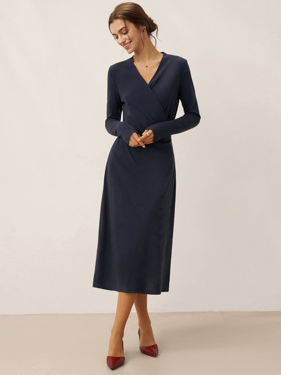 Linen-Blend Wrap V-Neck Midi Dress