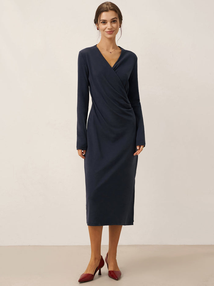 Linen-Blend Wrap V-Neck Midi Dress