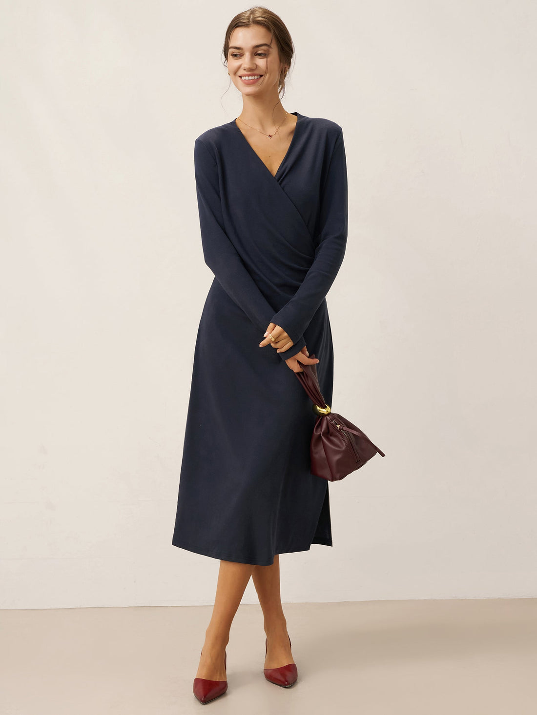 Linen-Blend Wrap V-Neck Midi Dress
