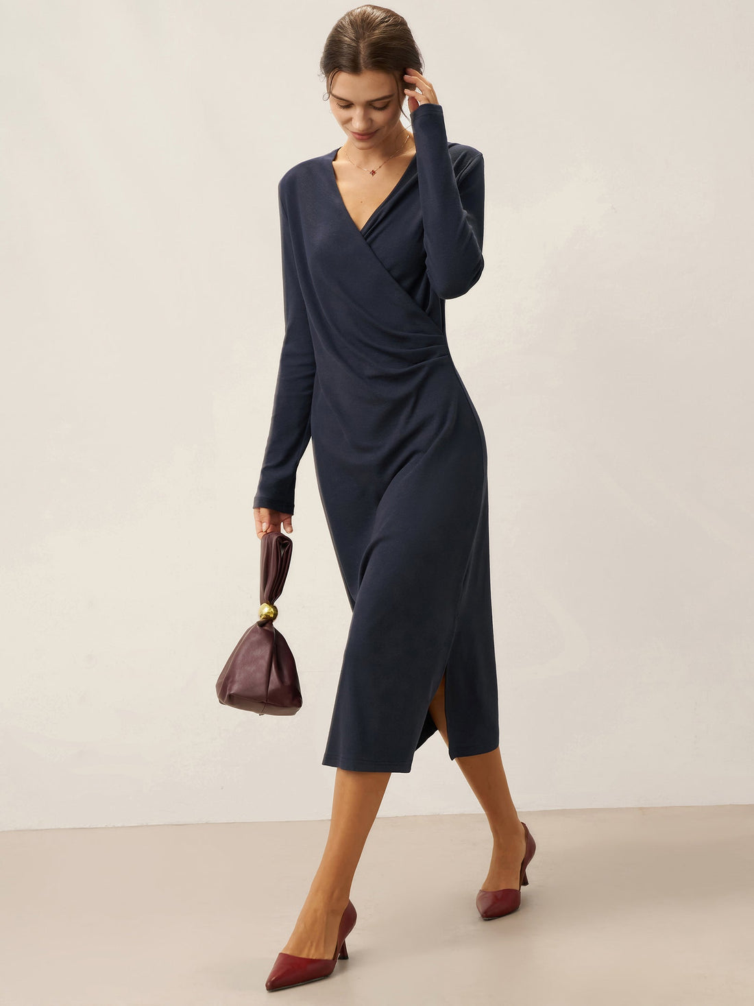 Linen-Blend Wrap V-Neck Midi Dress
