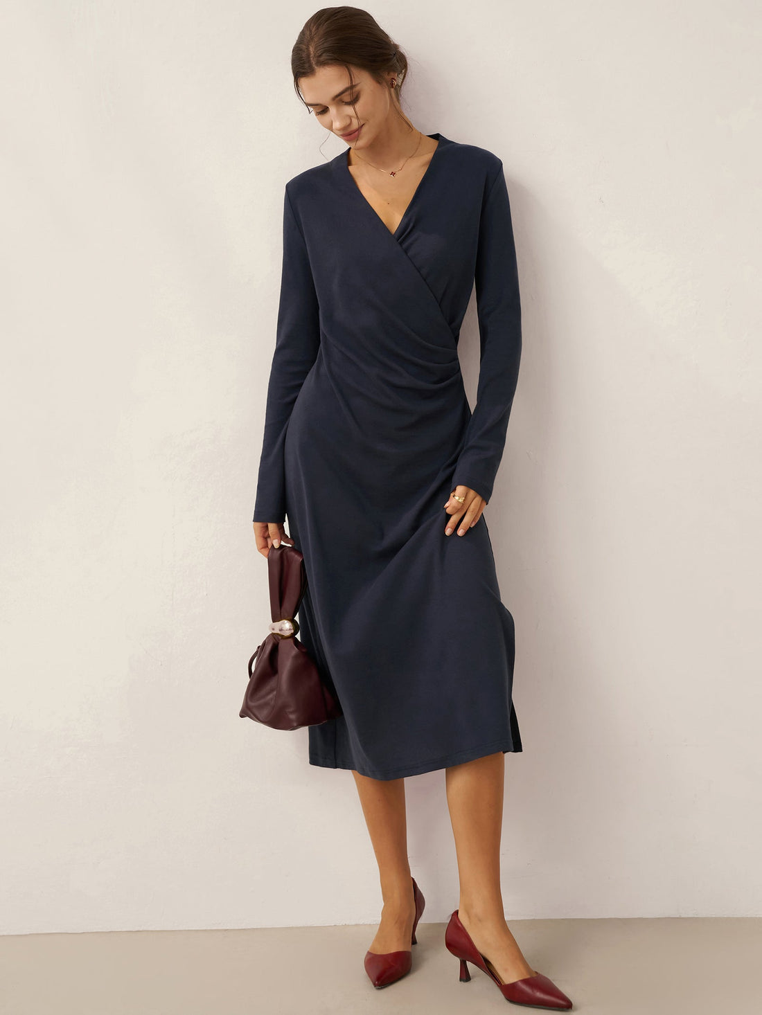 Linen-Blend Wrap V-Neck Midi Dress