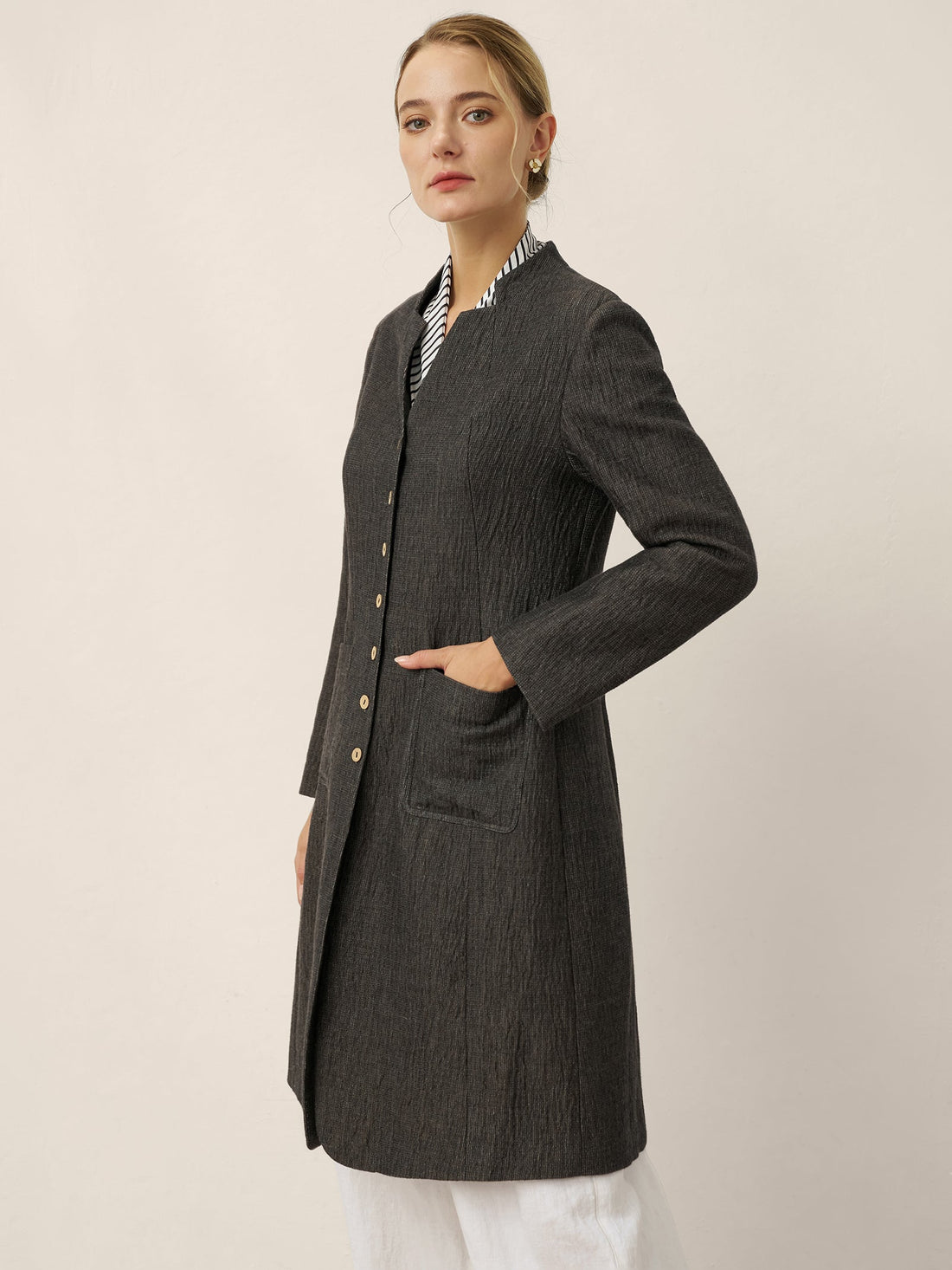 100% Linen Stand Collar Button-Up Shirt Jacket
