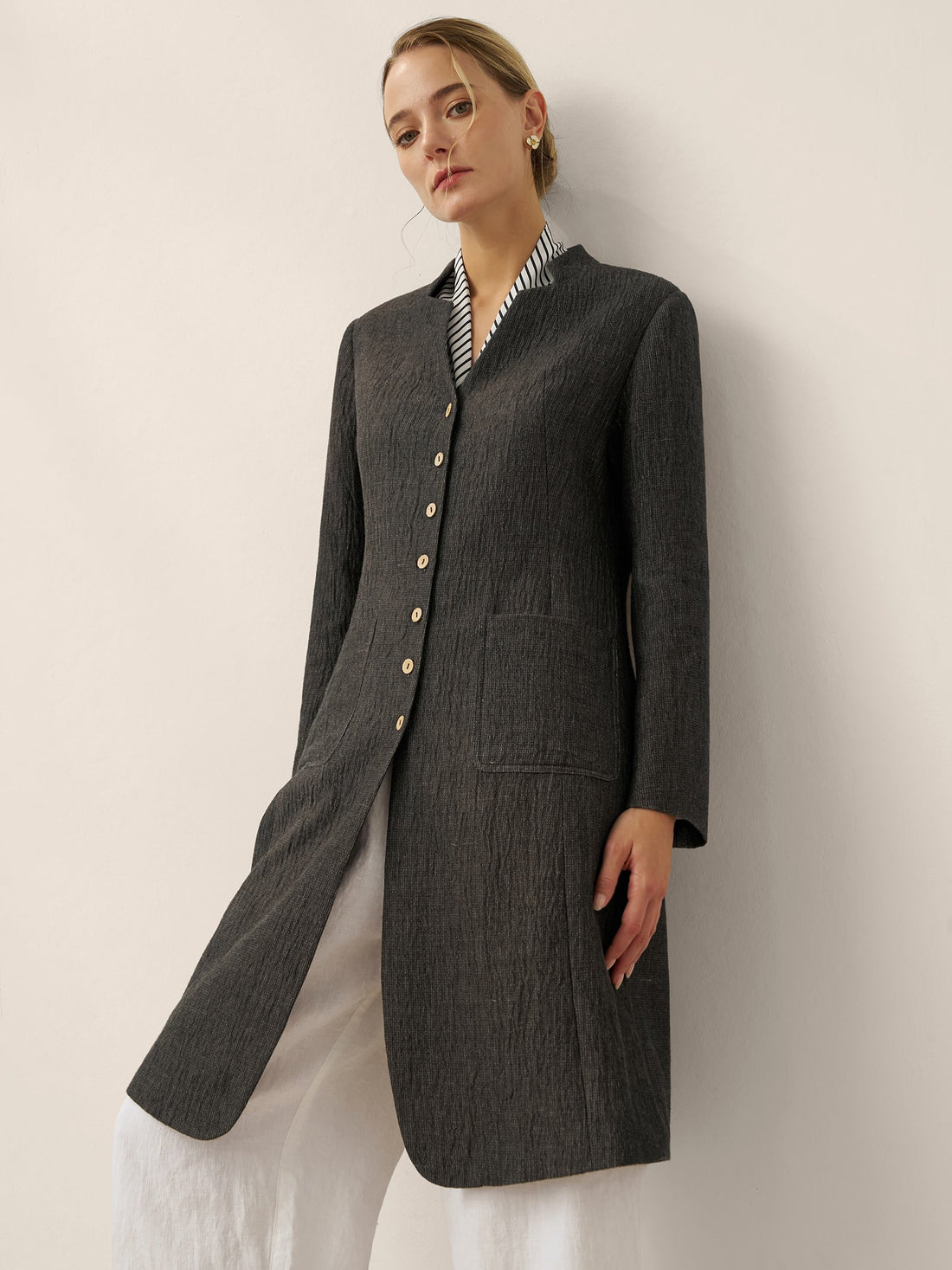 100% Linen Stand Collar Button-Up Shirt Jacket