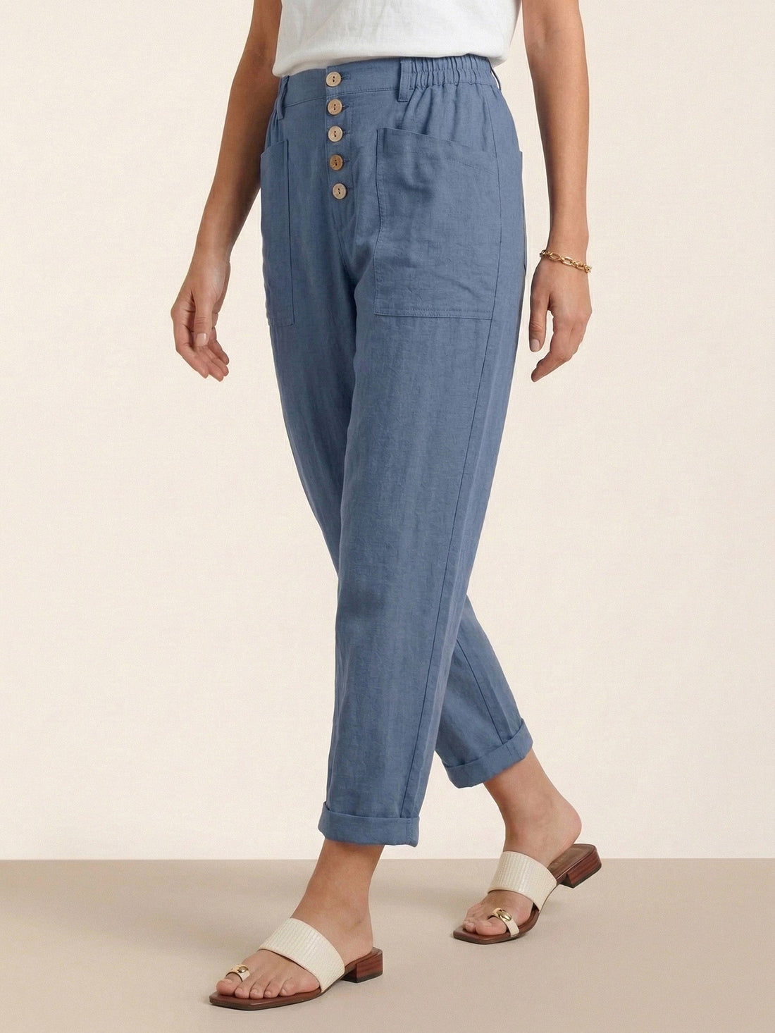 Linen Blend Patch-Pocket Straight-Leg Trousers