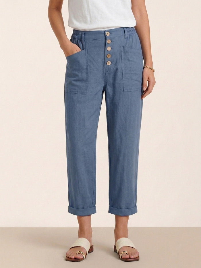 Linen-Blend Patch-Pocket Straight-Leg Trousers