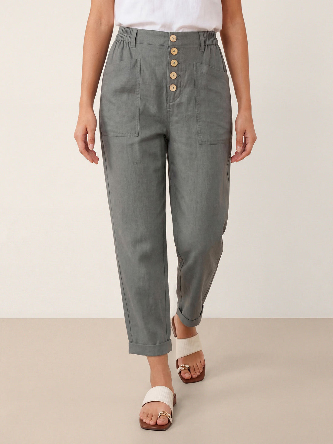 Linen Blend Patch-Pocket Straight-Leg Trousers