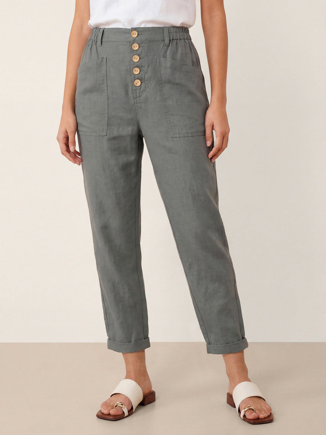 Linen Blend Patch-Pocket Straight-Leg Trousers