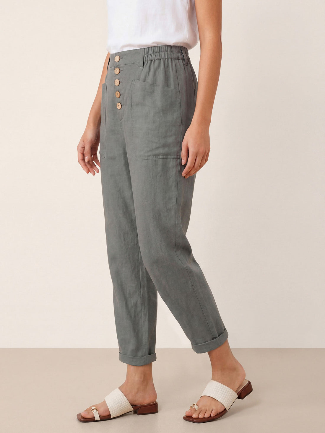 Linen Blend Patch-Pocket Straight-Leg Trousers