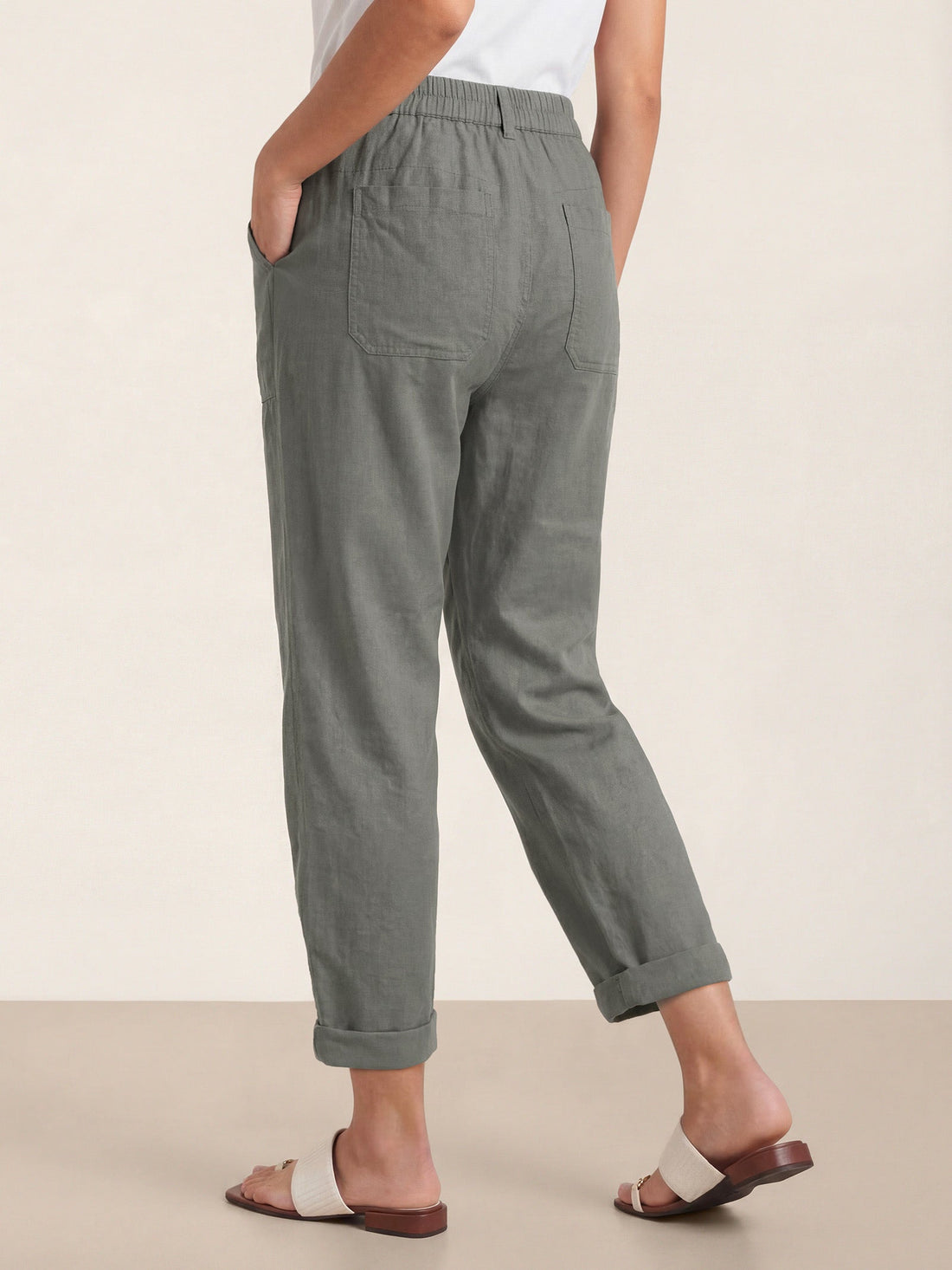 Linen Blend Patch-Pocket Straight-Leg Trousers