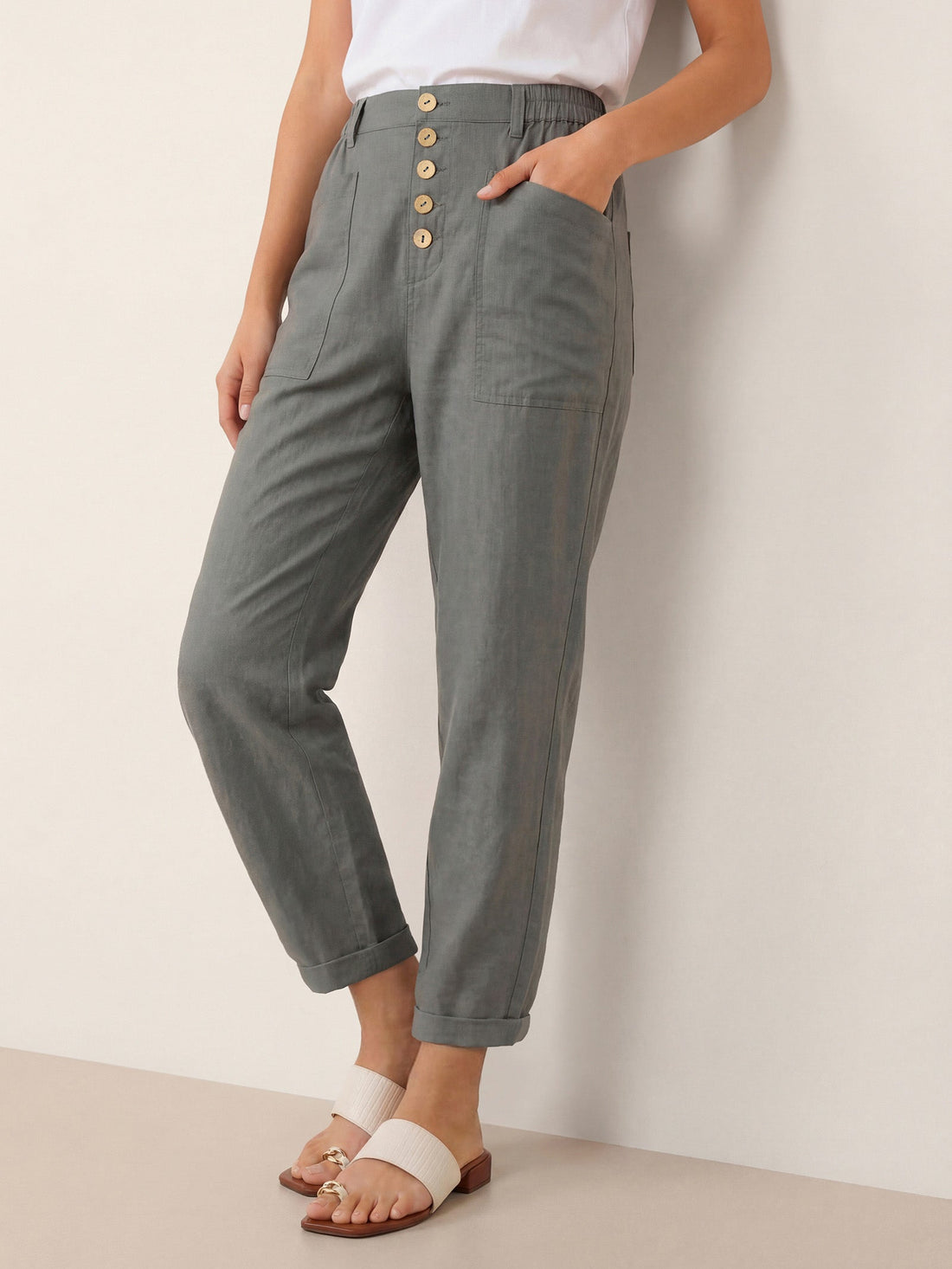 Linen Blend Patch-Pocket Straight-Leg Trousers