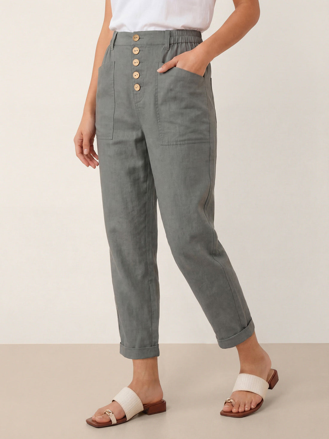 Linen Blend Patch-Pocket Straight-Leg Trousers