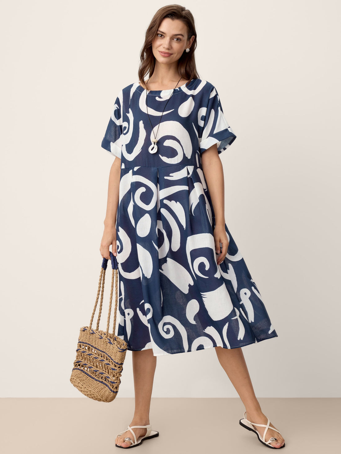 Linen Printed Straight Midi Dress