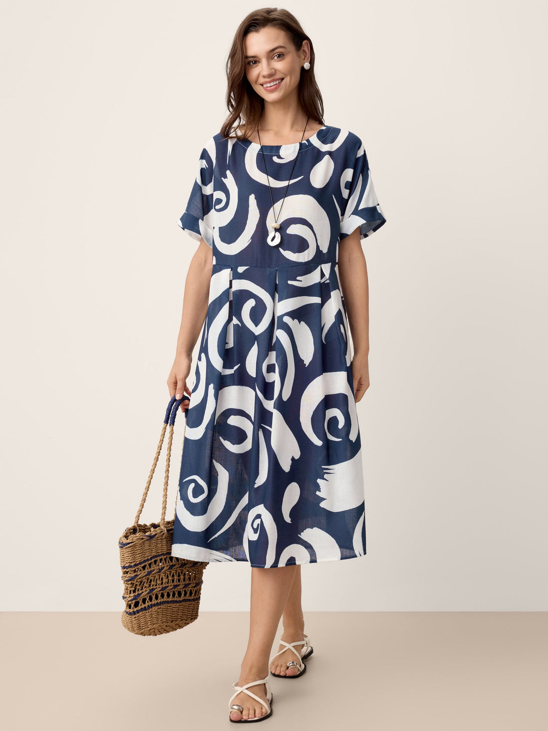 Linen Printed Straight Midi Dress