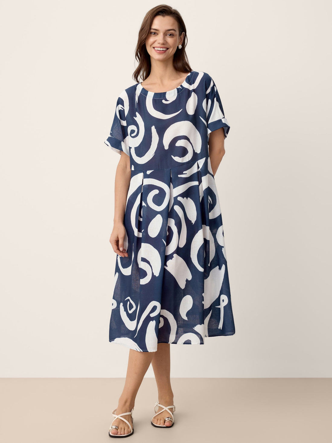 Linen Printed Straight Midi Dress