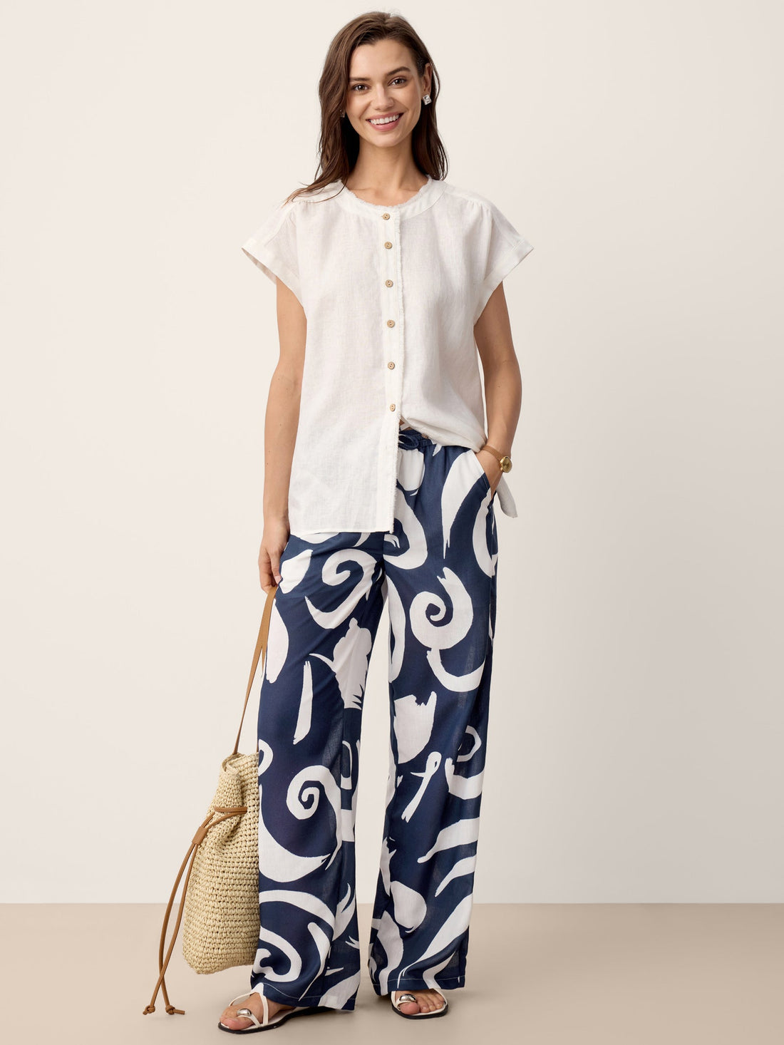 Linen Blend Mid Rise Straight Leg Pants