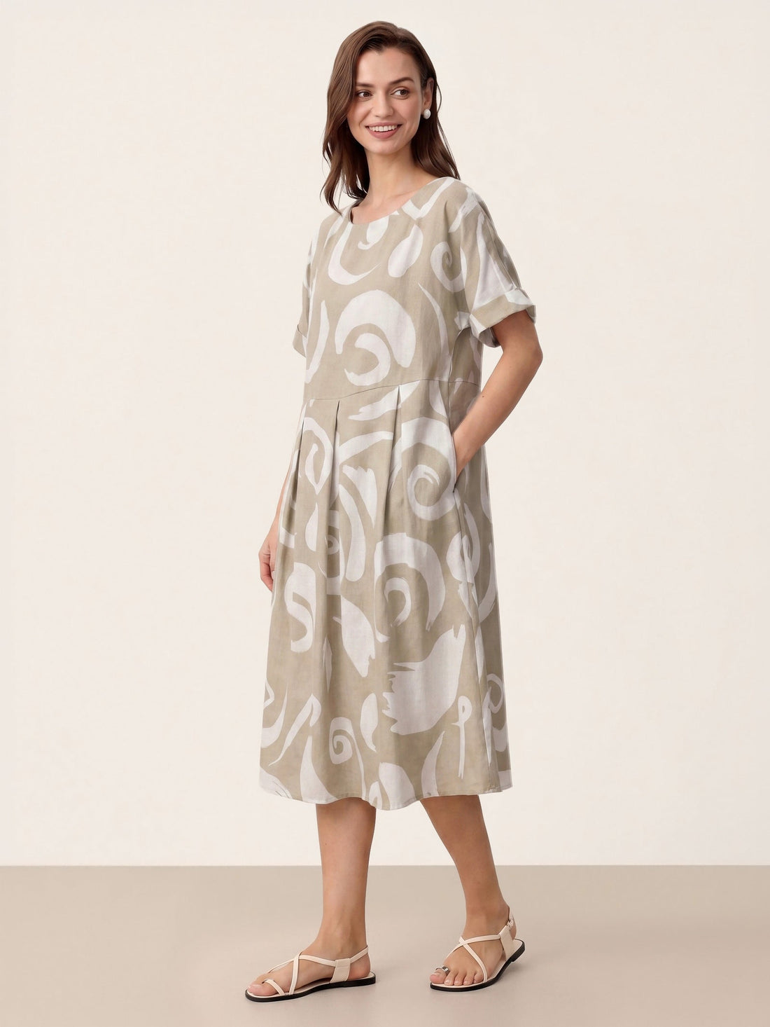 Linen Printed Straight Midi Dress