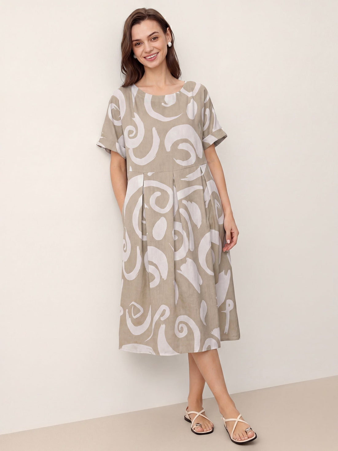 Linen Printed Straight Midi Dress