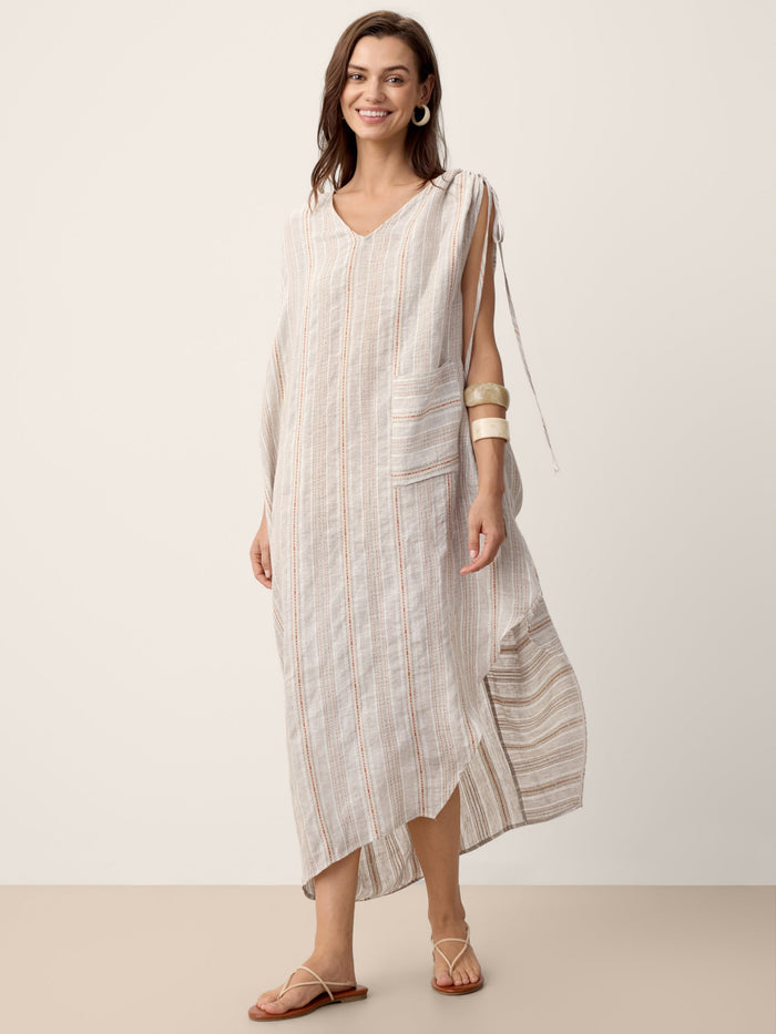 Linen Blend Oversized V-Neck Midi Dress