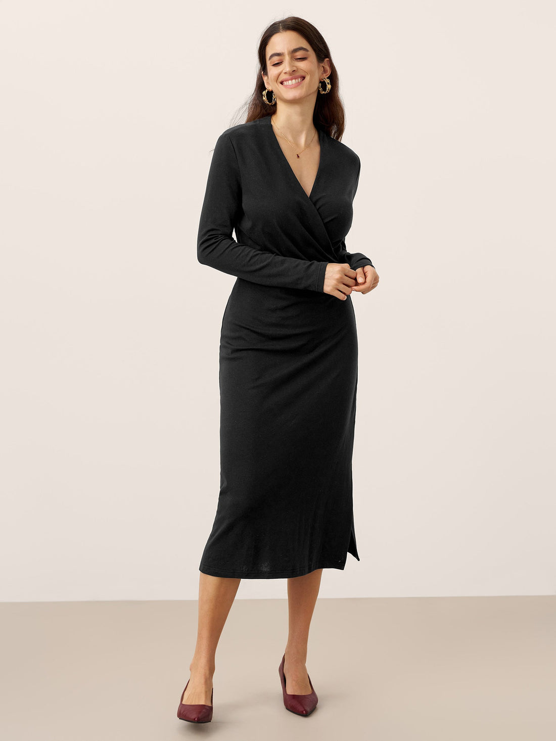 Linen-Blend Wrap V-Neck Midi Dress