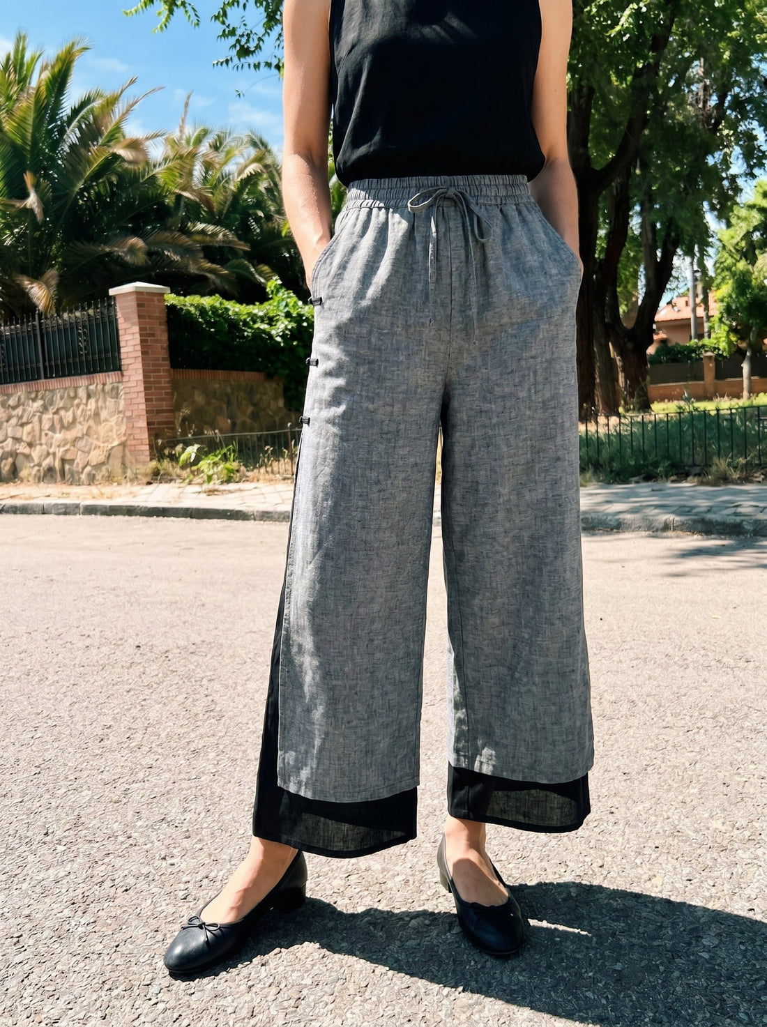 Linen Blend Straight-Leg Elastic Pants