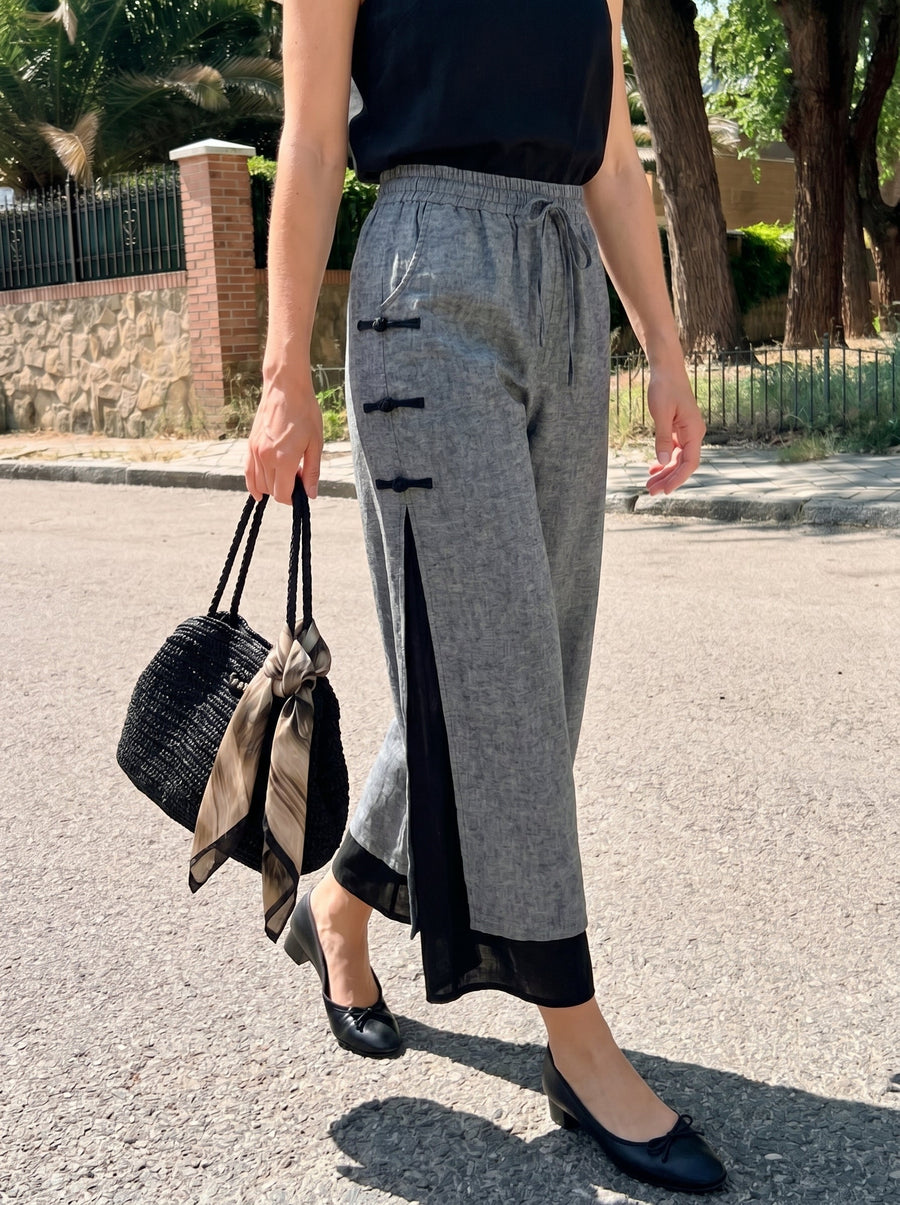 Linen Blend Straight-Leg Elastic Pants